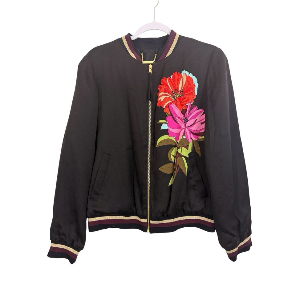 Trina Turk Bomber Jacket Women’s Sz Large Black Pink Floral Full Zip